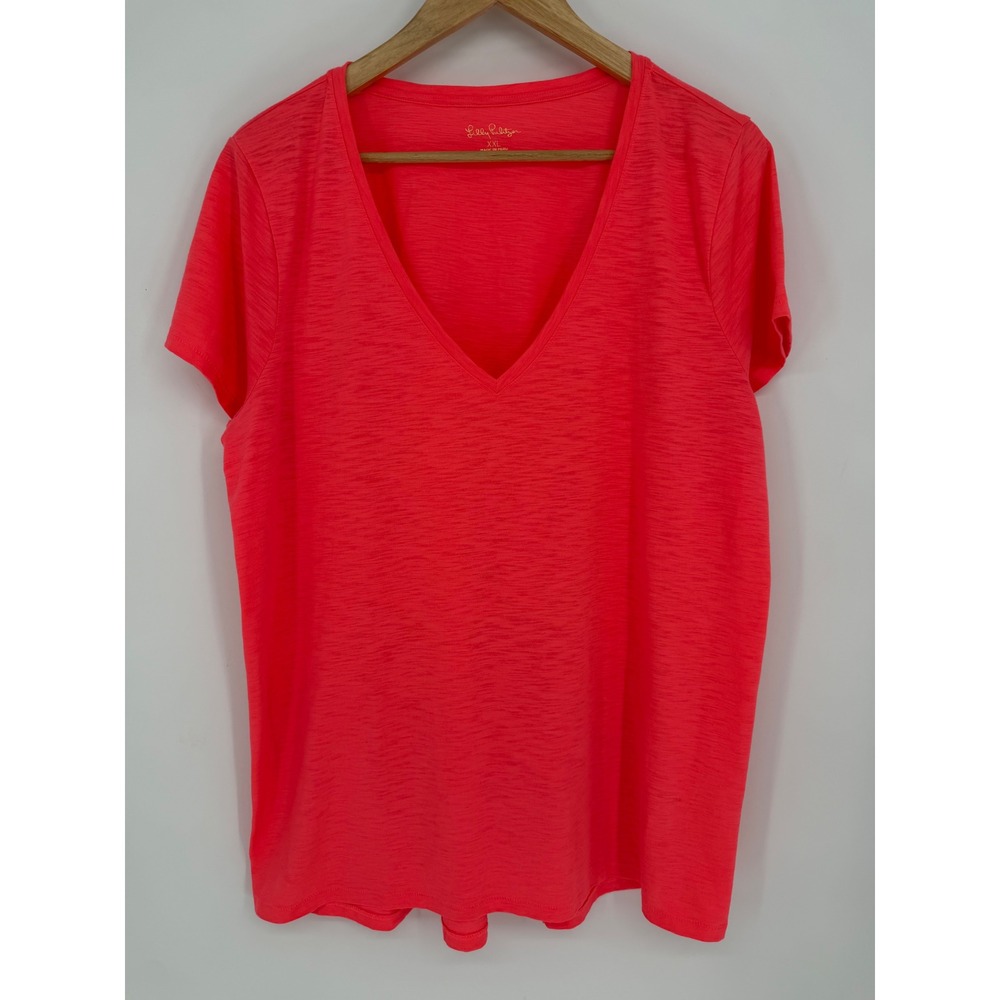 Lilly Pulitzer Womens XXL Etta V-Neck Slub Knit T-Shirt Neon Pink Coral Tee